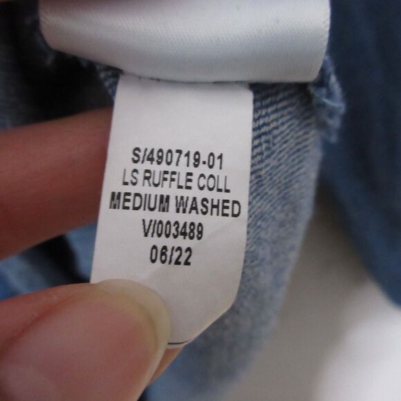 Old Navy Top Women Large Tall Blue Chambray Cotton Button Up Ruffle‎ Collar - Picture 6 of 12